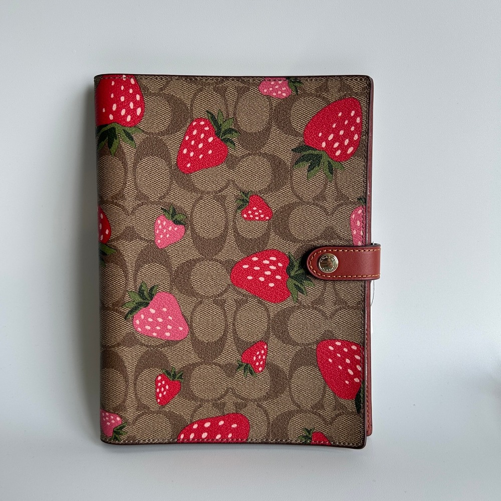 Coach Notebook Cover Signature Canvas Strawberry Print Brown Leather CH490